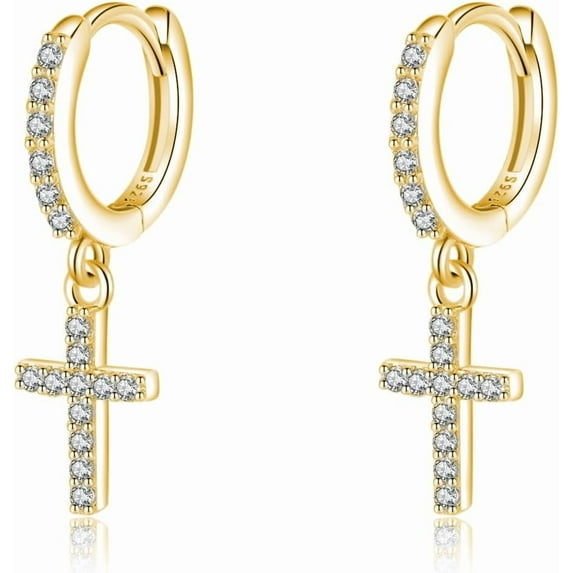 Solid 925 Sterling Silver Cross Hoop Earrings for Women Teens Small CZ Hoop Earrings Huggie Drop