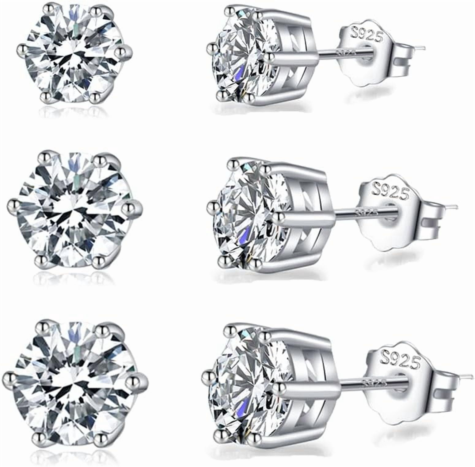 Solid 925 Sterling Silver Cubic Zirconia Stud Earrings for Women Teens Round CZ Stud Earrings 3 Pairs Stud Earrings Set Simulated Diamond Studs