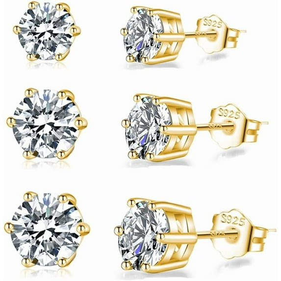 Solid 925 Sterling Silver Cubic Zirconia Stud Earrings for Women Teens Round CZ Stud Earrings 3 Pairs Stud Earrings Set Simulated Diamond Studs