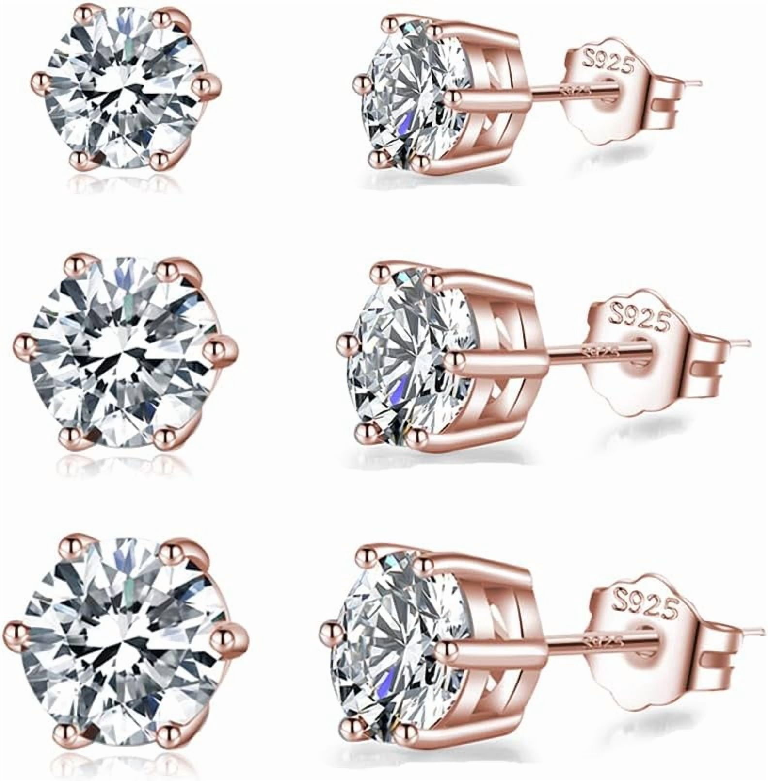 Solid 925 Sterling Silver Cubic Zirconia Stud Earrings for Women Teens Round CZ Stud Earrings 3 Pairs Stud Earrings Set Simulated Diamond Studs
