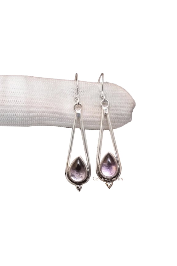Solid 925 Sterling Silver Dangle Drop Earrings For Women, Genuine Amethyst Pear Gemstone Unique Handcrafted February Birthstone Earrings