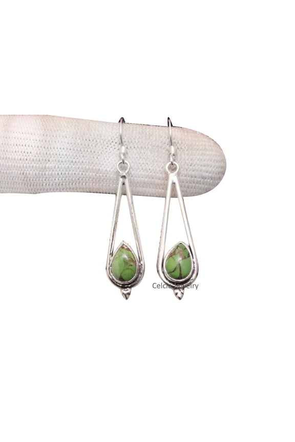 Solid 925 Sterling Silver Dangle Drop Earrings For Women, Genuine Green Copper Turquoise Pear Gemstone Unique Handcrafted Earrings For Her