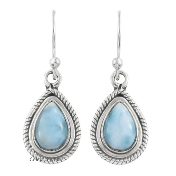 Solid 925 Sterling Silver Dangle Drop Earrings For Women, Genuine Larimar Pear Gemstone Amazing Handcrafted Beautiful Earrings For Her