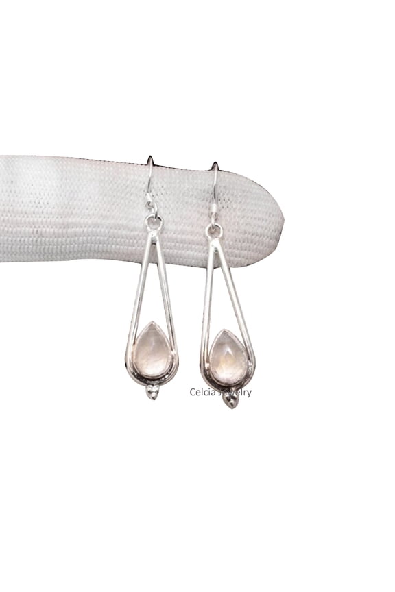Solid 925 Sterling Silver Dangle Drop Earrings For Women, Genuine Moonstone Unique Handcrafted June Birthstone Pretty Earrings For Her