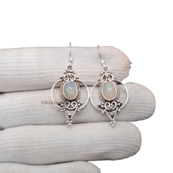 Solid 925 Sterling Silver Dangle Drop Earrings For Women, Genuine Opal Beautiful Gemstone Unique Handcrafted October Birthstone Earrings