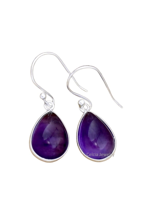 Solid 925 Sterling Silver Dangle Drop Earrings For Women, Genuine Purple Amethyst Gemstone Beautiful Handcrafted February Birthstone Earrings