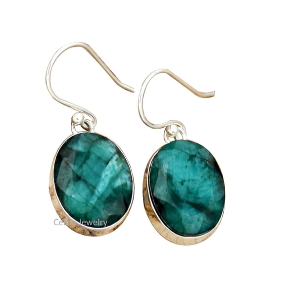 Solid 925 Sterling Silver Dangle Drop Earrings For Women, Natural Emerald Green Gemstone Unique Handcrafted May Birthstone Gift Earrings