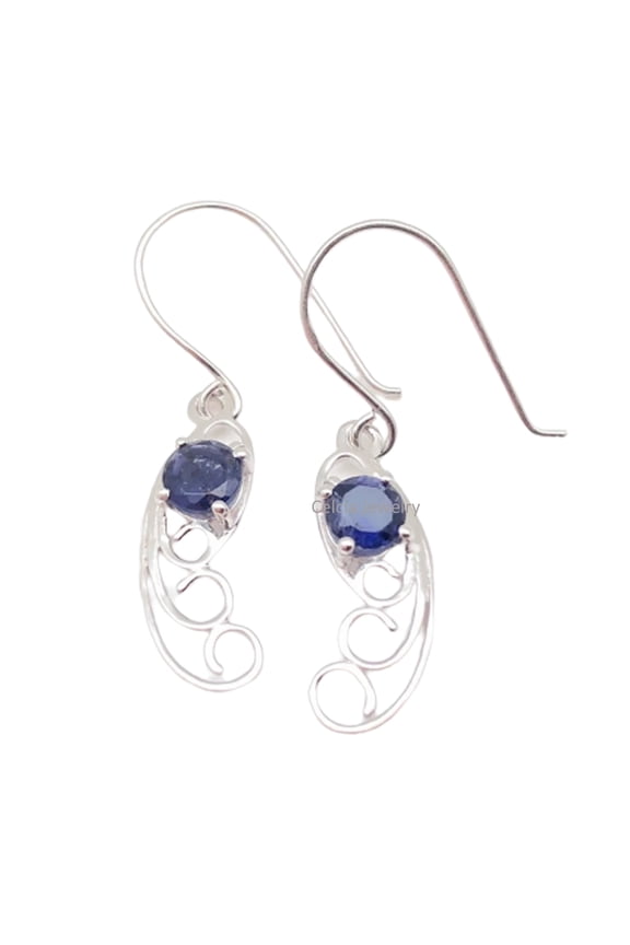 Solid 925 Sterling Silver Dangle Drop Earrings For Women, Natural Iolite Faceted Round Blue Gemstone Unique Handcrafted Earrings For Her