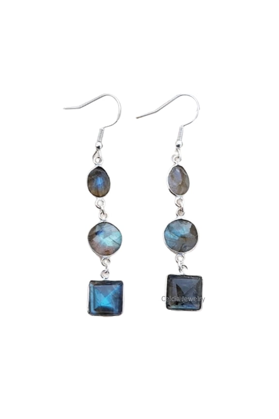 Solid 925 Sterling Silver Dangle Drop Earrings For Women, Natural Labradorite Oval Round Square Multi Gemstone Unique Earrings For Her