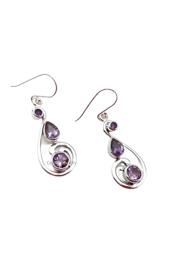 Solid 925 Sterling Silver Dangle Drop Earrings For Women, Natural Purple Amethyst Faceted Multi Gemstone Unique February Birthstone Gifts