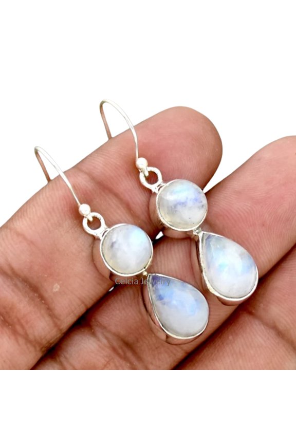 Solid 925 Sterling Silver Dangle Drop Earrings For Women, Natural Rainbow Moonstone Multi Gemstone Unique Handcrafted June Birthstone Earrings