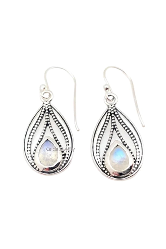 Solid 925 Sterling Silver Dangle Drop Earrings For Women, Natural Rainbow Moonstone Pear Gemstone Unique June Birthstone Gifts For Her