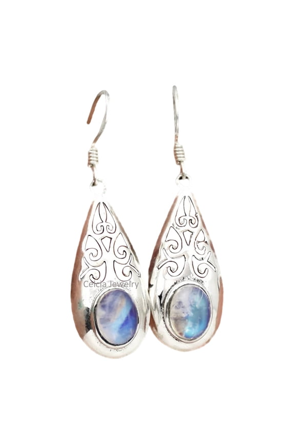 Solid 925 Sterling Silver Dangle Drop Earrings For Women, Natural Rainbow Moonstone Unique Handcrafted June Birthstone Earrings For Her