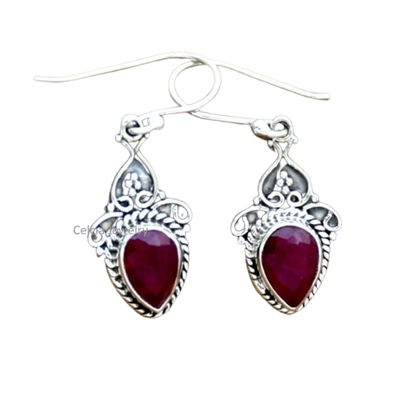Solid 925 Sterling Silver Dangle Drop Earrings For Women, Natural Ruby Gemstone Statement Earrings, Unique July Birthstone Handcrafted Earrings