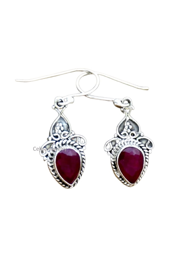 Solid 925 Sterling Silver Dangle Drop Earrings For Women, Natural Ruby Gemstone Statement Earrings, Unique July Birthstone Handcrafted Earrings
