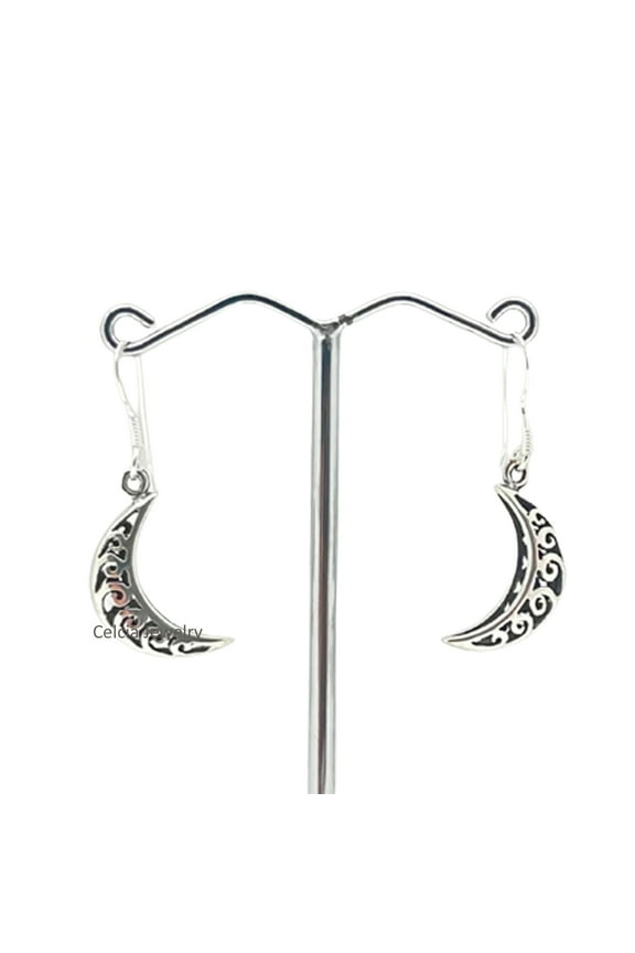 Solid 925 Sterling Silver Dangle Teardrop Earrings For Women, Crescent Moon Filigree Earrings, Bali Design Earrings, Unique Handmade Jewelry