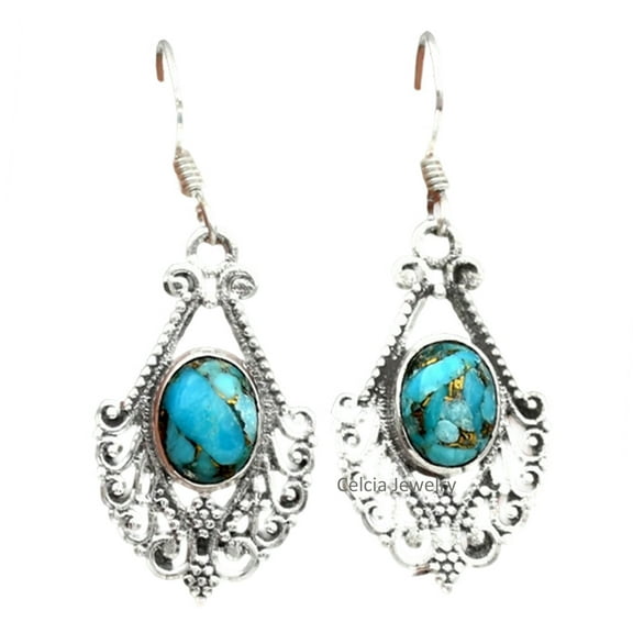 Solid 925 Sterling Silver Dangle Teardrop Earrings For Women, Genuine Blue Copper Turquoise Blue Gemstone Unique Handcrafted Delicate Earrings