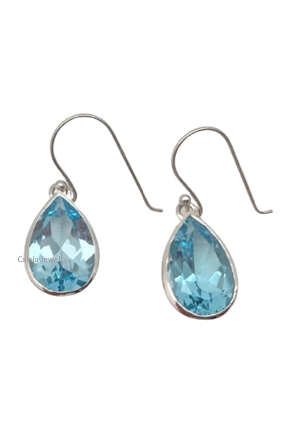 Solid 925 Sterling Silver Dangle Teardrop Earrings For Women, Natural Blue Topaz Faceted Pear Gemstone Unique November Birthstone Gifts