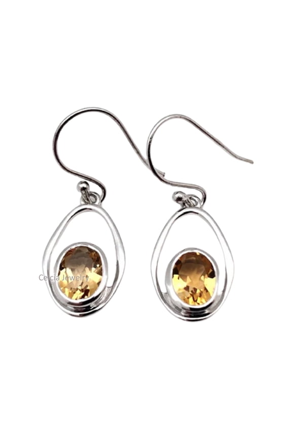 Solid 925 Sterling Silver Dangle Teardrop Earrings For Women, Natural Citrine Faceted Oval Yellow Gemstone Unique November Birthstone Gift