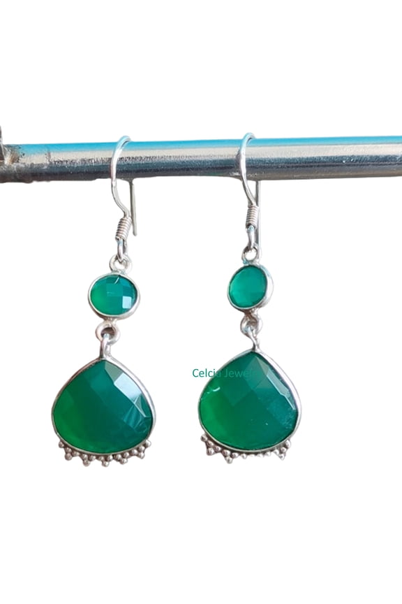 Solid 925 Sterling Silver Dangle Teardrop Earrings For Women, Natural Green Onyx Checker Multi Gemstone Unique Handcrafted Earrings