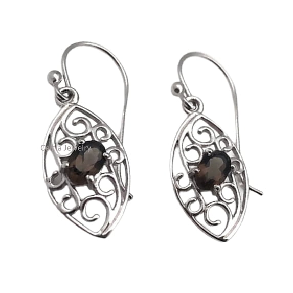 Solid 925 Sterling Silver Dangle Teardrop Earrings For Women, Natural Smoky Quartz Faceted Oval Gemstone Unique Handcrafted Earrings