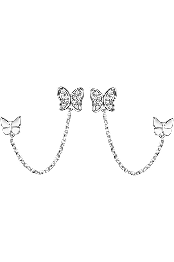 Solid 925 Sterling Silver Double Holes Cz Butterfly Chain Stud Earrings Two Butterfly Cuff Climber Earrings For Women Teen[Z1]