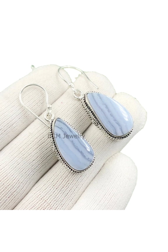 Solid 925 Sterling Silver Earrings For Womens, Bridesmaid Gift Earrings, Blue Lace Agate, Gemstone Earrings, Christmas Gift For Her