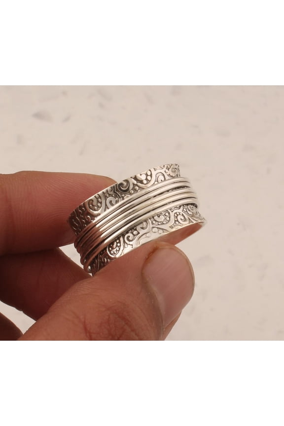 Solid 925 Sterling Silver Engraved Band Spinner Ring – Handmade Textured Five Rings Band Fidget Ring, Anxiety Relief Ring, Perfect Gift Idea for Men & Women