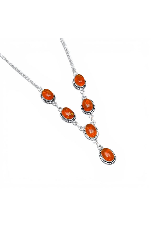 Solid 925 Sterling Silver Fire Opal Oval Necklace | Natural Orange Opal Gemstone Link Necklace | Adjustable Women Jewelry