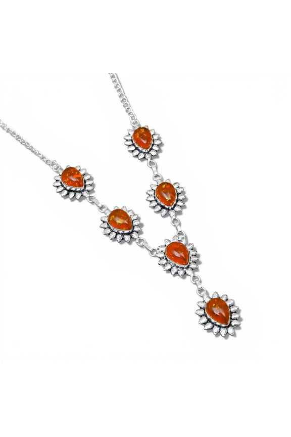 Solid 925 Sterling Silver Fire Opal Teardrop Necklace | Natural Orange Fire Opal Floral Link Necklace | Designer Women Jewelry