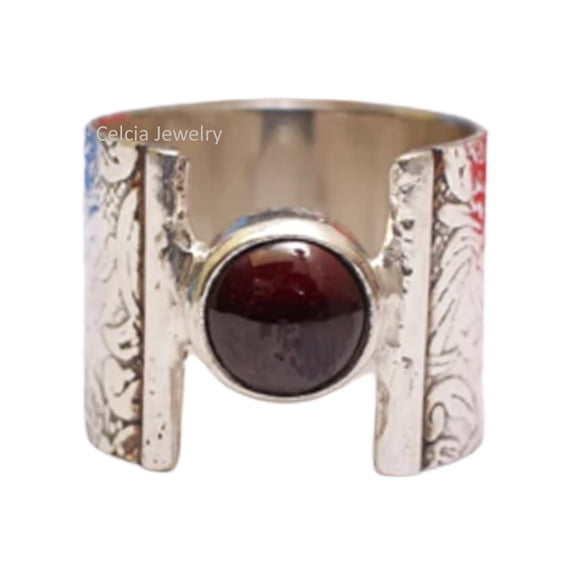 Solid 925 Sterling Silver Flower Band Ring For Women Men, Genuine Garnet Round Gemstone Unique Handcrafted January Birthstone Ring