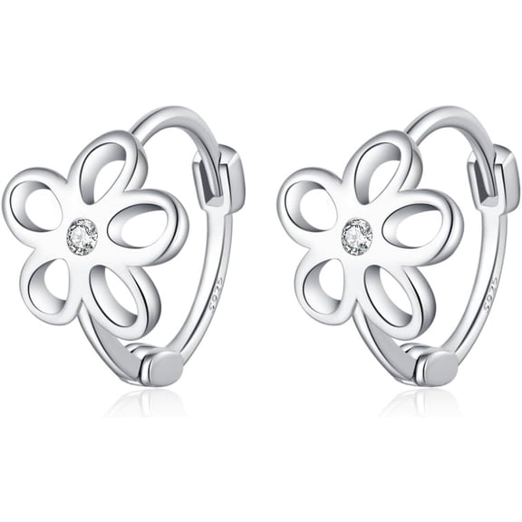 Solid 925 Sterling Silver Flower Hoop Earrings Huggie for Women CZ Flower Hoop Earrings Spring