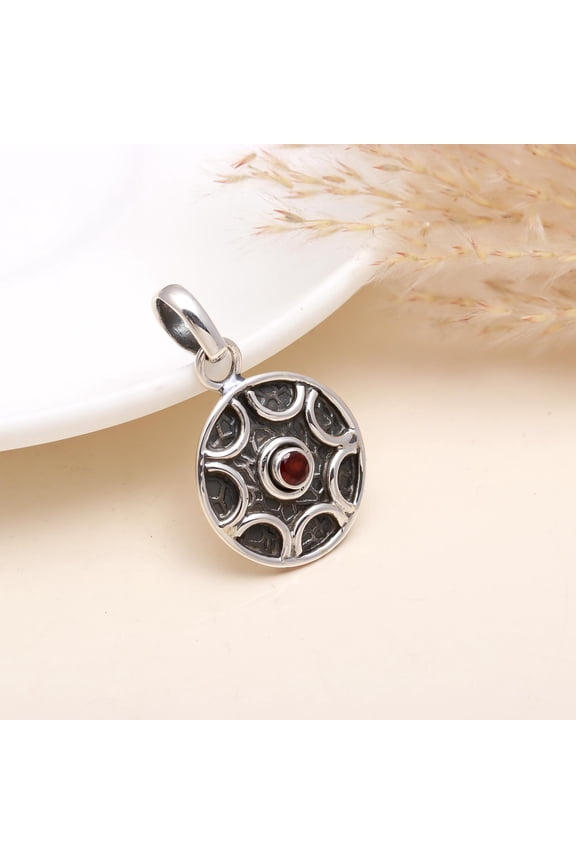 Circular Garnet Pendant, Sterling Silver