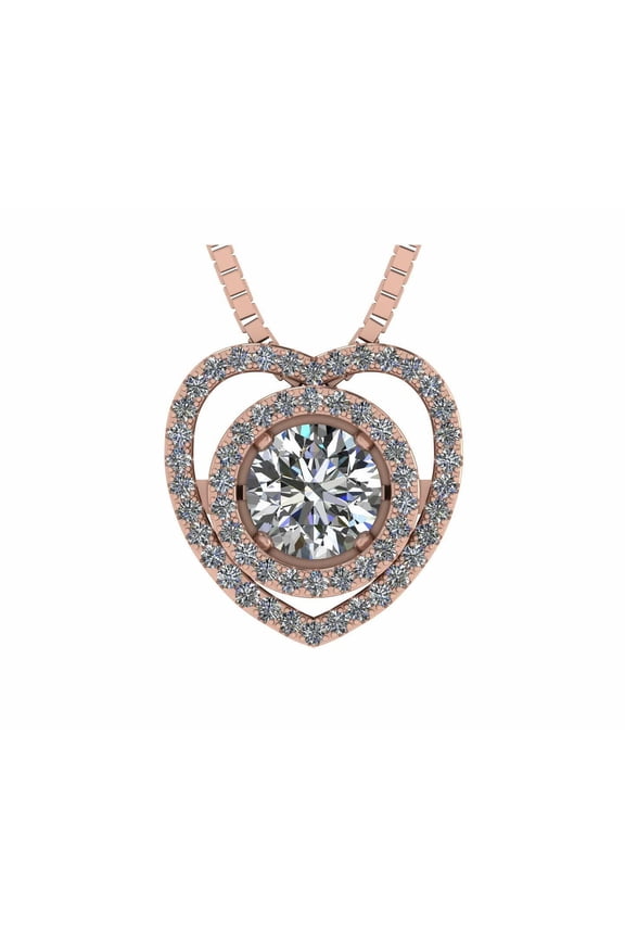 Solid 925 Sterling Silver & Gold Circle in Heart Dancing Stone Necklace w/ Pure Brilliance Zirconia - Rose