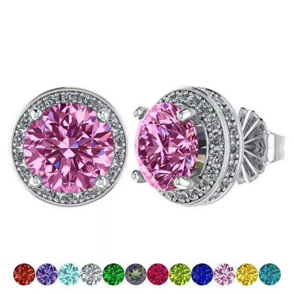 Solid 925 Sterling Silver & Gold Halo Birthstone Earrings with Pure Brilliance Zirconia - Hypoallergenic, Rhodium Plated, October - Simulated Pink Tourmaline
