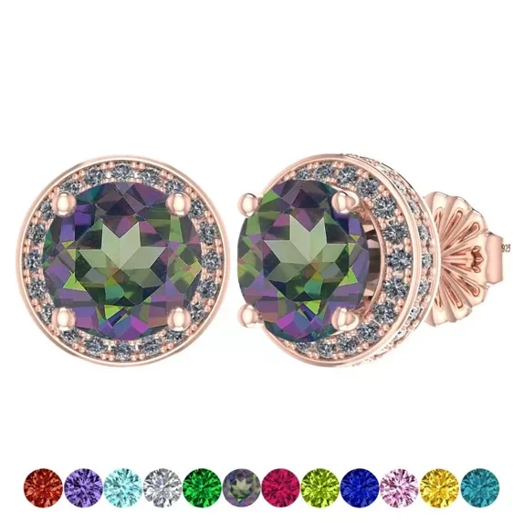 Solid 925 Sterling Silver & Gold Halo Birthstone Earrings with Pure Brilliance Zirconia - Hypoallergenic, Rose Gold, June - Simulated Alexandrite