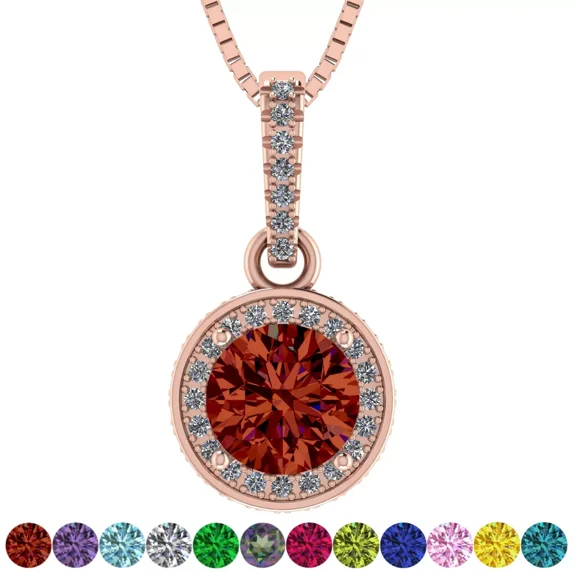 Solid 925 Sterling Silver & Gold Halo Birthstone Pendant Necklace w/ Pure Brilliance Zirconia, Rose Gold Plated, January - Simulated Garnet
