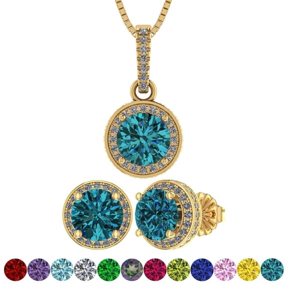 Solid 925 Sterling Silver & Gold Halo Pendant & Earring Birthstone Set W/ Pure Brilliance Zirconia - Hypoallergenic, Yellow Gold Plated, December - Simulated Blue Zircon