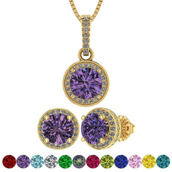 Solid 925 Sterling Silver & Gold Halo Pendant & Earring Birthstone Set w/ Pure Brilliance Zirconia - Hypoallergenic, Yellow Gold Plated, February - Simulated Amethyst