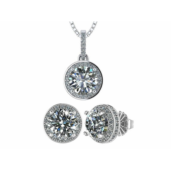 Solid 925 Sterling Silver & Gold Halo Pendant & Earrings Set W/ Pure Brilliance Zirconia - Hypoallergenic, 7.5mm White