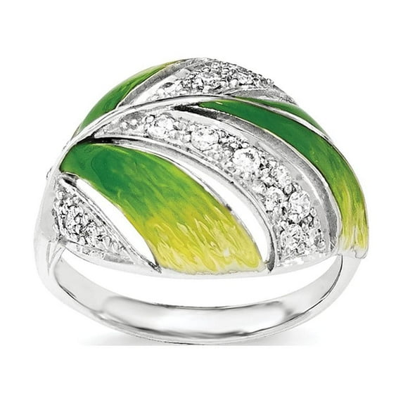 Solid 925 Sterling Silver Green And Yellow Enamel Leaf And CZ Cubic Zirconia Anniversary Ring Band Size 7