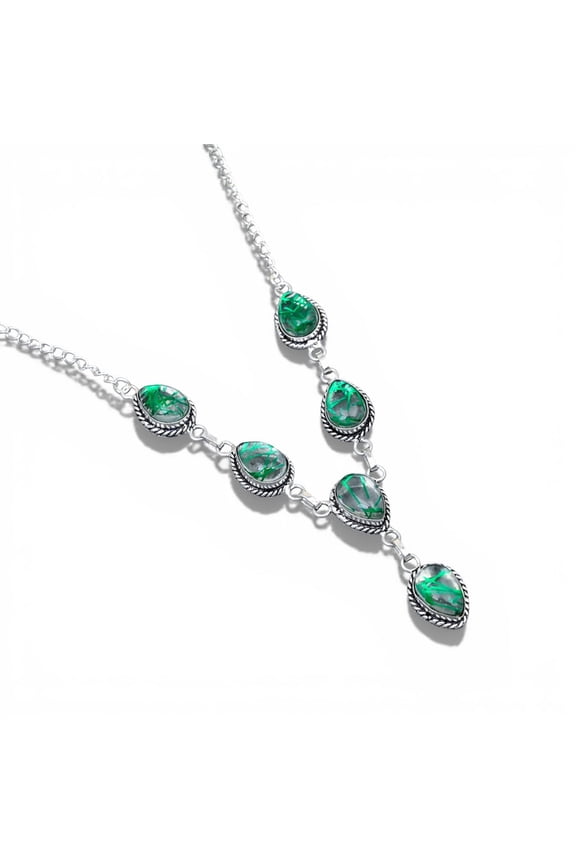 Solid 925 Sterling Silver Green Rutilated Quartz Necklace | Natural Green Rutile Quartz Teardrop Link Necklace | Statement Gemstone Jewelry for Women