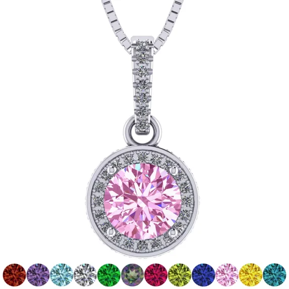 Solid 925 Sterling Silver Halo Birthstone Pendant Necklace w/ Pure Brilliance Zirconia, Rhodium Plated, October - Simulated Pink Tourmaline