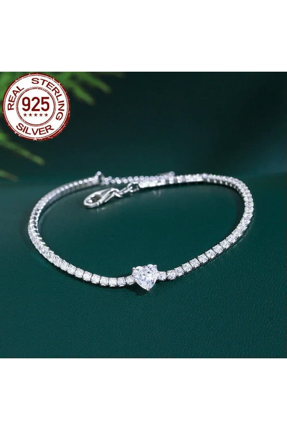 Solid 925 Sterling Silver Heart CZ Tennis Chain Link Bracelet Adjustable Jewelry