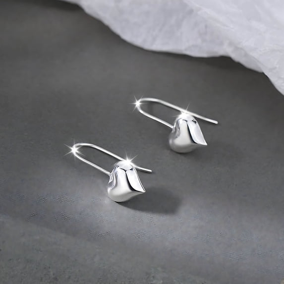 Solid 925 Sterling Silver Heart Drop Earrings, Dainty Dangle Ear Hooks for Women & Teens, Hypoallergenic Lightweight Everyday Earrings, Elegant Gift in Gift Box, 1.1x1.2cm Heart