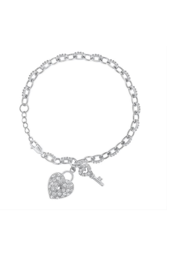 Solid 925 Sterling Silver Heart & Key Charm Bracelet Cubic Zirconia Rhodium Plated 7 Inch