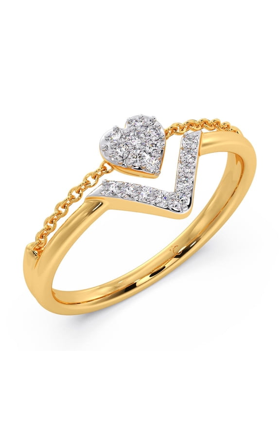 Solid 925 Sterling Silver Heart & V-Shape Moissanite Ring - 14K Yellow Gold Plated Two-Layer Chain Style Ring for Women
