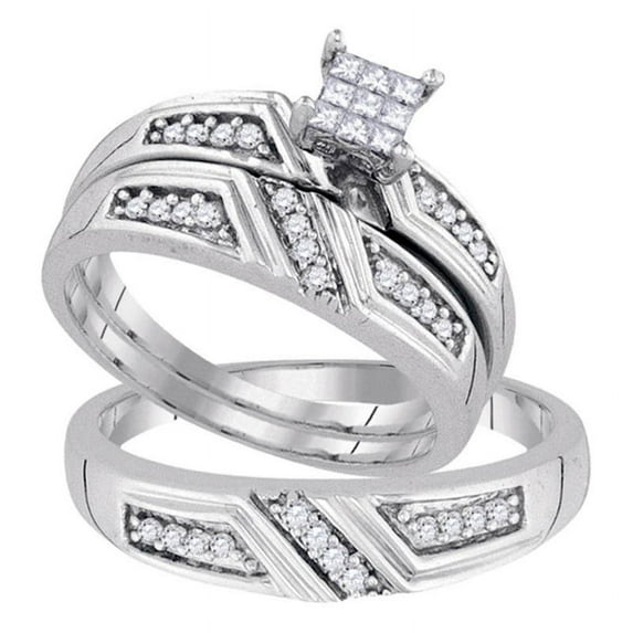 Solid 925 Sterling Silver His and Hers Princess Cut Real Natural Diamond Trio Three Rings Set Cluster Matching Rings Wedding Band Set 1/3 Carat - ( .33 Cttw ) - Ladies Size 7.5 - Mens Size 8.5