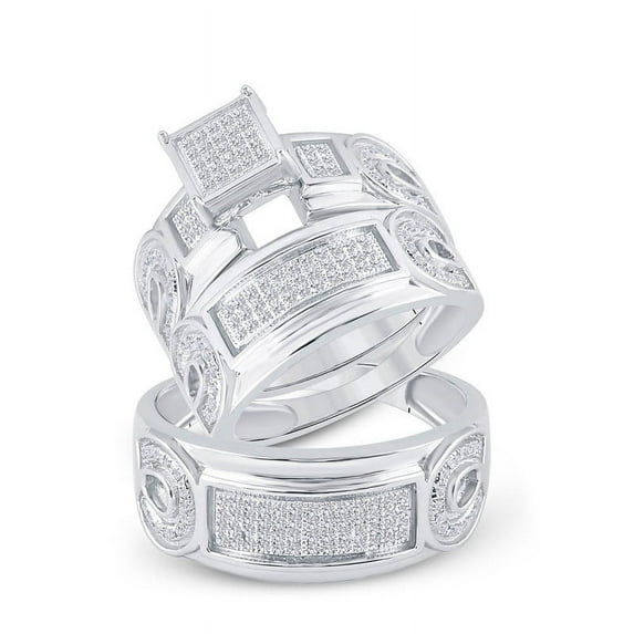 Solid 925 Sterling Silver His and Hers Real Natural Diamond Trio Three Rings Set Cluster Matching Rings Wedding Band Set 1/2 Carat - ( .54 Cttw ) - Ladies Size 5.5 - Mens Size 9