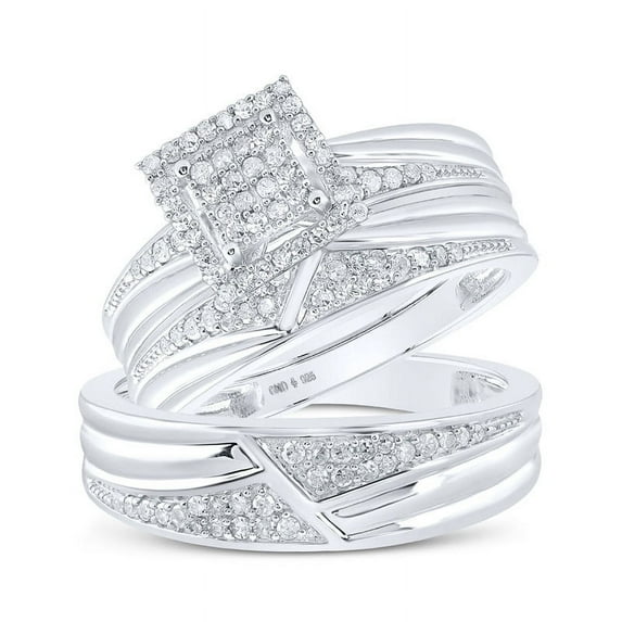 Solid 925 Sterling Silver His and Hers Real Natural Diamond Trio Three Rings Set Square Matching Rings Wedding Band Set 1/2 Carat - ( .50 Cttw ) - Ladies Size 6.5 - Mens Size 10.5